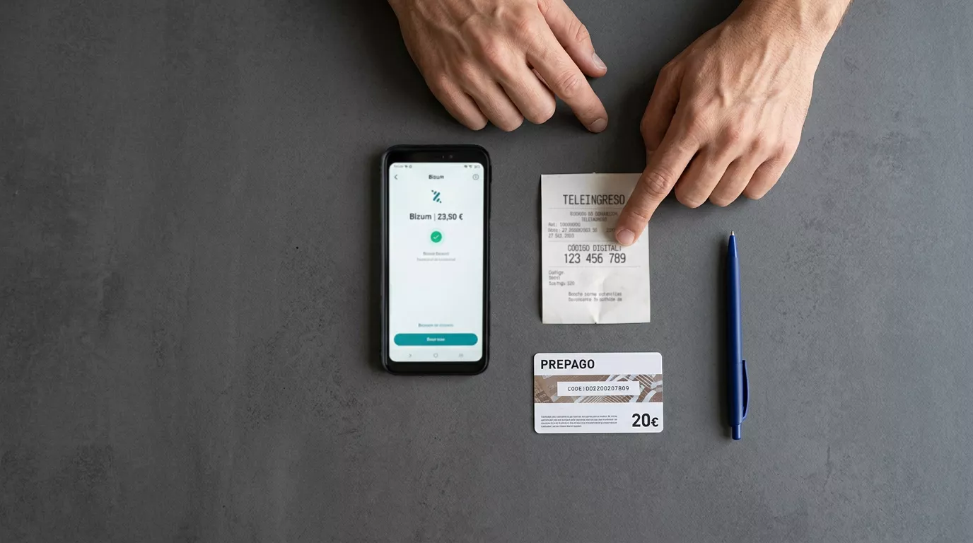 Persona comparando métodos de pago para apuestas deportivas: Teleingreso, Bizum, Paysafecard y tarjeta bancaria