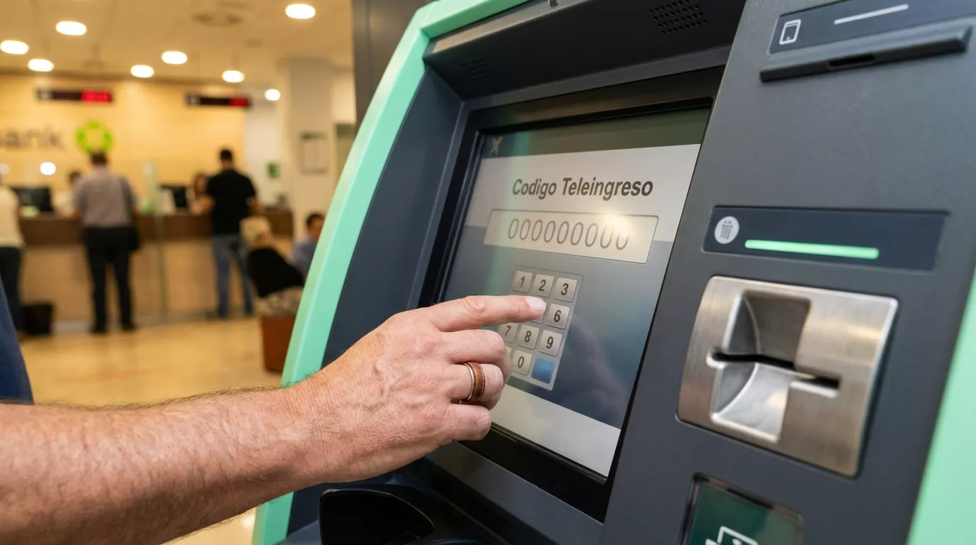 Usuario pagando un código Teleingreso de nueve dígitos en un cajero automático Abanca