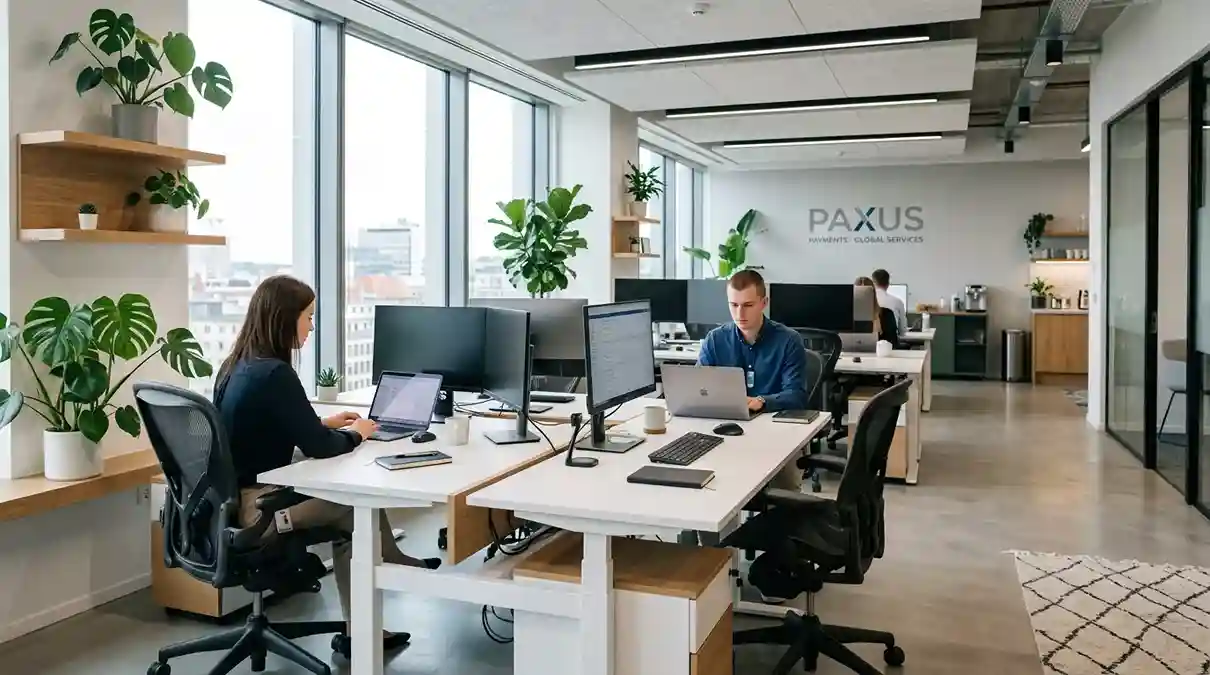 Oficina moderna de una empresa de servicios de pago con empleados trabajando en ordenadores